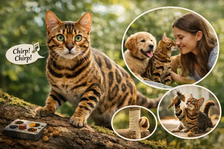 A Bengal cat with a spotted coat climbs on a log outdoors, alert and curious, with bright green eyes focused ahead.