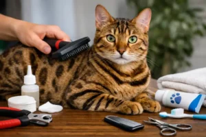 Bengal grooming basics showing an adult Bengal cat with a short, spotted coat being gently brushed indoors