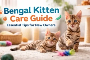 Two Bengal kittens with spotted coats and blue-green eyes playing on a carpeted floor with toys in a bright indoor room