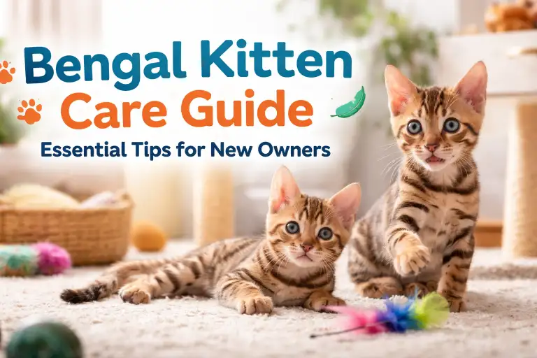 Two Bengal kittens with spotted coats and blue-green eyes playing on a carpeted floor with toys in a bright indoor room