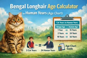 Bengal Longhair cat shown with a visual age chart explaining cat years to human years conversion.