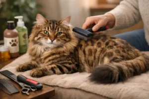 Bengal longhair care showing an adult Bengal longhair cat with a soft, long coat being gently brushed indoors