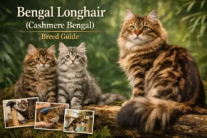 Adult Bengal Longhair cat with a long silky coat, rosetted pattern, muscular body, and plume-like tail sitting alertly outdoors