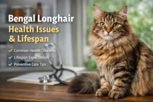Adult Bengal longhair cat with a flowing coat sitting indoors, showing healthy body structure and alert green eyes, representing bengal longhair health issues and lifespan