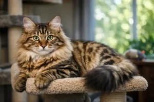 Adult Bengal Longhair cat showing its long flowing coat, alert eyes, and confident, curious personality indoors