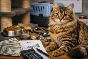 Adult Bengal longhair cat sitting indoors with long spotted coat, green eyes, and pet care items, showing the real cost of ownership.