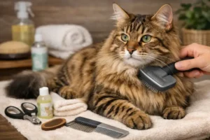 Bengal longhair grooming with a calm adult cat being gently brushed indoors