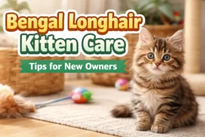 Bengal longhair kitten sitting indoors with fluffy coat, bright eyes, and curious expression