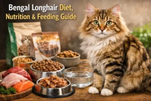 Adult Bengal Longhair cat sitting beside wet and dry cat food bowls as part of a Bengal Longhair diet and feeding guide