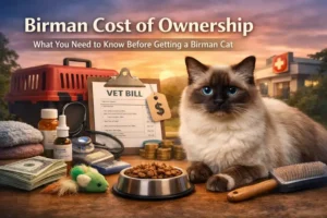“Birman cat with pet supplies including food, toys, and grooming tools”
