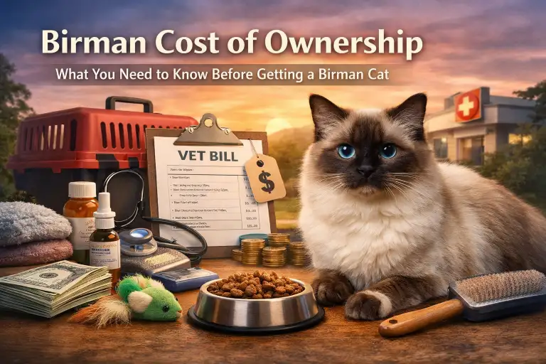“Birman cat with pet supplies including food, toys, and grooming tools”