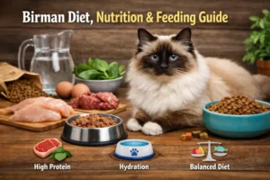 “Birman cat eating from a bowl of high-quality cat food”