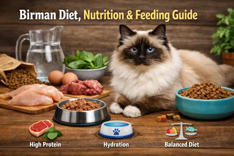“Birman cat eating from a bowl of high-quality cat food”