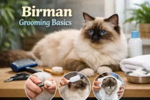 “Owner grooming a Birman cat’s long silky coat”