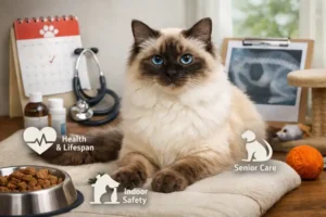 “Affectionate Birman cat cuddling with its owner”