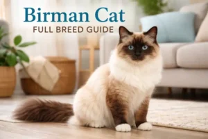 “Birman kitten with blue eyes playing on soft bedding”