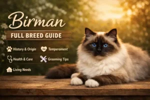 “Birman cat with blue eyes and colorpoint coat sitting indoors”