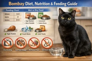 “Bombay cat eating from a bowl of nutritious cat food”