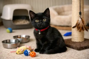 “Bombay kitten with bright eyes playing indoors”