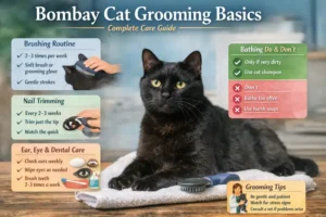 “Owner gently brushing a short-haired Bombay cat”