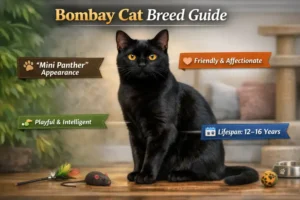 “Bombay cat with sleek black coat and copper eyes”