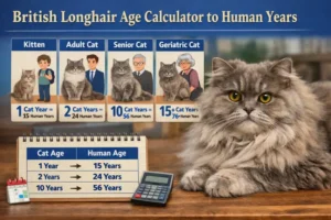 Alt text: British Longhair cat age calculator chart converting cat years to human years