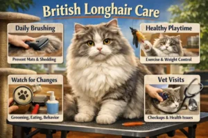 Alt text: British Longhair cat care guide covering daily care, grooming, and living needs
