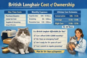 Alt text: British Longhair cat cost of ownership including food, grooming, and vet expenses