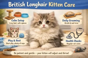 Alt text: British Longhair kitten care guide showing young kitten growth and care needs