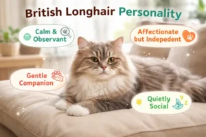 Alt text: British Longhair cat personality and behavior traits shown in a calm home setting