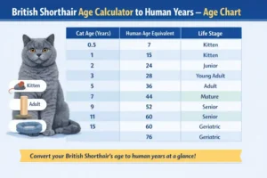 Alt text: British Shorthair cat age calculator chart converting cat years to human years