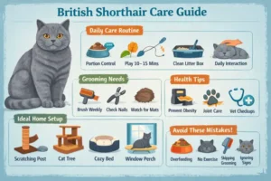 Alt text: British Shorthair cat care guide covering daily care, grooming, and home needs
