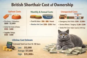 Alt text: British Shorthair cat cost of ownership including food, grooming, and vet costs
