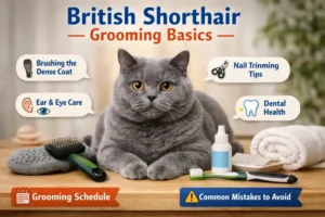 Alt text: British Shorthair cat grooming basics including brushing, coat care, and hygiene