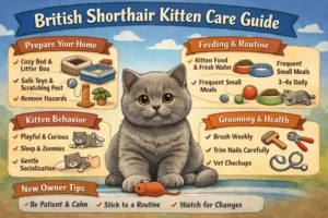 Alt text: British Shorthair kitten care guide showing kitten growth and early care needs