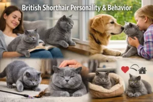 Alt text: British Shorthair cat personality and behavior traits in a calm home environment