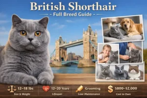 Alt text: British Shorthair cat full breed guide showing body type, face shape, and coat