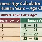 Alt text: Burmese cat age calculator chart converting cat years to human years