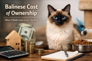 Balinese cat sitting indoors with food bowl and household items representing the balinese cost of ownership and long-term care expenses