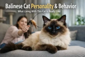 Adult Balinese cat with blue eyes relaxing indoors, showing the social and expressive Balinese cat personality