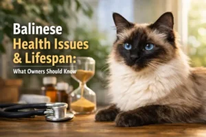 Adult Balinese cat with long silky coat and blue eyes resting indoors, representing Balinese health issues and lifespan awareness.