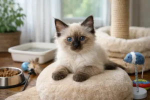 Balinese kitten care shown by a cream-colored Balinese kitten resting indoors with toys and a cozy bed