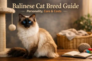 Balinese cat with silky medium-long coat, blue eyes, and slender body indoors