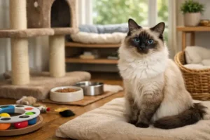 Balinese cat grooming at home with gentle brushing on a long, silky single coat