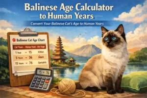 Balinese age calculator to human years showing a long-haired Balinese cat with a clear age chart comparison