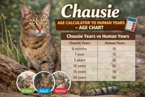 Adult Chausie cat with a short brown ticked coat beside a Chausie age chart comparing cat years to human years