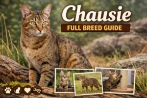 Adult Chausie cat with a muscular build, short golden-brown ticked coat, large ears, and alert yellow-green eyes sitting outdoors