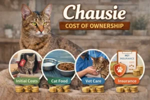 Adult Chausie cat with a short brown ticked coat resting indoors alongside visuals representing food, vet care, and other ownership expenses