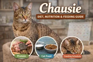 Adult Chausie cat with a short brown ticked coat resting indoors beside bowls of food, illustrating a balanced Chausie diet and feeding routine