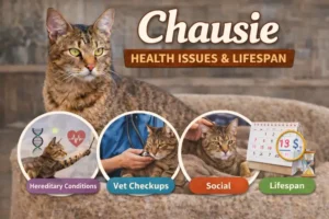 Adult Chausie cat with a short brown ticked coat resting indoors, highlighting the breed’s athletic build, large ears, and alert eyes in a health-focused context